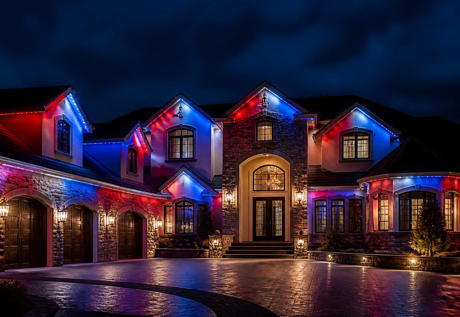 Luxury home with permanent LED lights in patriotic red, white, and blue